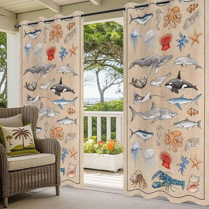 Vintage Outdoor Curtains for Patio Sharks Whales Lobsters Biographies Waterproof Outside Curtains with Grommet Top Weatherproof Curtain for Cabana Pergola Gazebo, 2 Pack, 54" W x 95" L