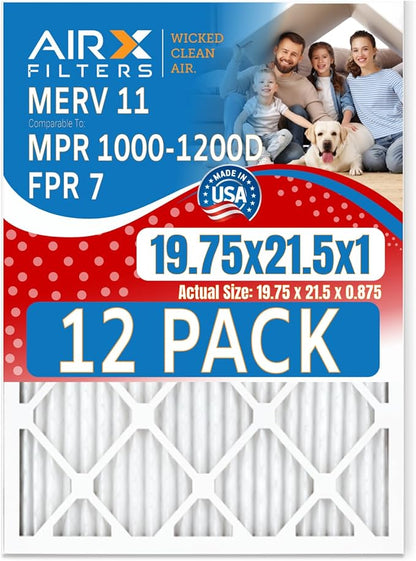 19.75x21.5x1 Air Filter MERV 11 Rating, 12 Pack of Furnace Filters Comparable to MPR 1000, MPR 1200 & FPR 7 - Made in USA by AIRX FILTERS WICKED CLEAN AIR.