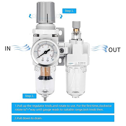 NANPU 1/4" NPT Compressed Air Filter Regulator Lubricator Combo, Water/Oil Trap Separator - Gauge(0-150 psi), Poly Bowl, Semi-Auto Drain, Bracket