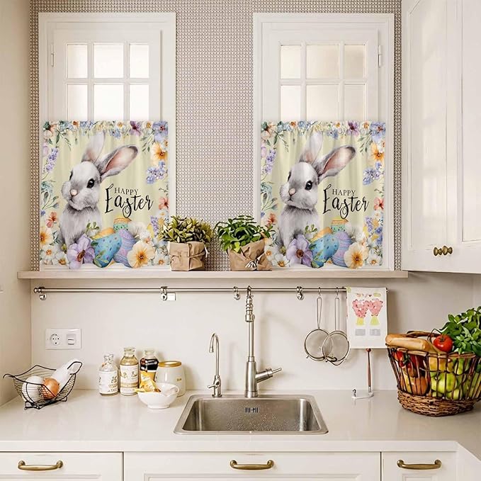 Happy Easter Kitchen Curtains Set 3 Piece for Windows,Rod Pocket Valance and Tier Set 24 Inch Length,Spring Grey Bunny Colorful Eggs Flower Brown Light Filtering Cafe Curtains for Living Room