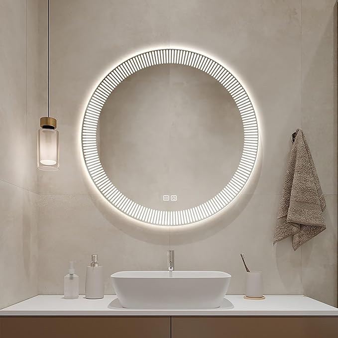 31.5 Inch LED Round Bathroom Mirror,Wall Mounted Multifunction Bathroom Vanity Mirror with Led Three-Color Light and Demister Pad, Circular Wall Mounted Vanity Mirror for Home Bathrooms,Shopping Malls