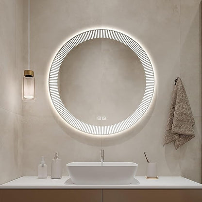 31.5 Inch LED Round Bathroom Mirror,Wall Mounted Multifunction Bathroom Vanity Mirror with Led Three-Color Light and Demister Pad, Circular Wall Mounted Vanity Mirror for Home Bathrooms,Shopping Malls