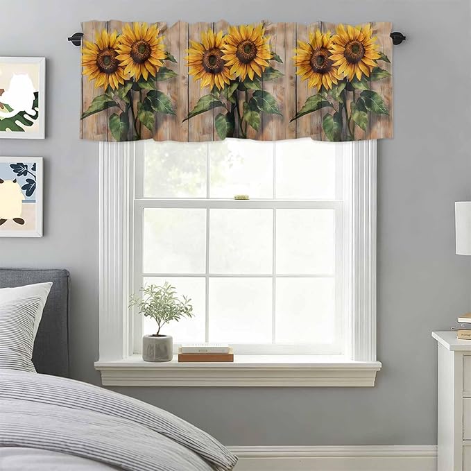 Kitchen Valances for Window, Watercolor Sunflower Retro Board Light Filtering Rod Pocket Valance Curtain, Farm Brown Wood Grain Short Curtains Window Topper for Bedroom Bathroom Living Room 42x12in