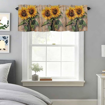 Kitchen Valances for Window, Watercolor Sunflower Retro Board Light Filtering Rod Pocket Valance Curtain, Farm Brown Wood Grain Short Curtains Window Topper for Bedroom Bathroom Living Room 54x18in