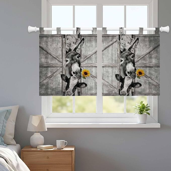 Funny Farm Animals Kitchen Curtains 36 Inch Length, Small Window Curtains Tab Top, Vintage Barn Grey Sunflowers Light Filtering Short Window Treatments Tier Drapes 27.5"x36" 2 Panel