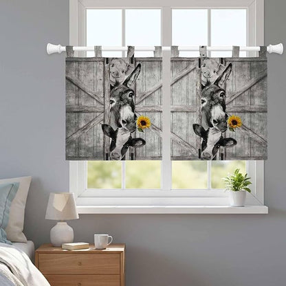 Funny Farm Animals Kitchen Curtains 36 Inch Length, Small Window Curtains Tab Top, Vintage Barn Grey Sunflowers Light Filtering Short Window Treatments Tier Drapes 27.5"x36" 2 Panel