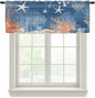 Ocean Corals Sheer Valance Curtains, Summer Beach Coral Sea Stars Dark Blue Light Filtering Kitchen Valances Rod Pocket Voile Curtain Window Treatment for Bedroom/Living Room/Basement 60Wx18L