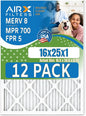 16x25x1 Air Filter MERV 8 Rating, 12 Pack of Furnace Filters Comparable to MPR 700 & FPR 5 - Made in USA by AIRX FILTERS WICKED CLEAN AIR.