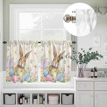 Kitchen Curtains Tiers and Valance Set of 3, Easter Light Filtering Window Curtain Set, Pastoral Spring Bunny Eggs Botanical Flowers Leaf Rod Pocket Curtain Drapes for Living Room, 36 Inches Tiers