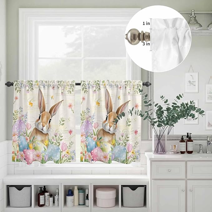 Kitchen Curtains Tiers and Valance Set of 3, Easter Light Filtering Window Curtain Set, Pastoral Spring Bunny Eggs Botanical Flowers Leaf Rod Pocket Curtain Drapes for Living Room, 24 Inches Tiers