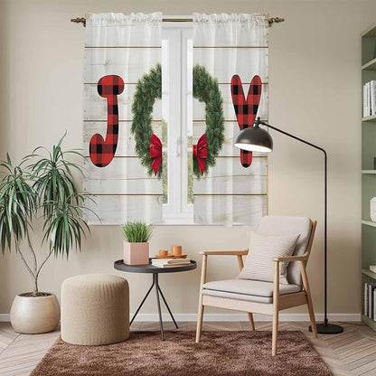 Christmas Wreaths Window Curtains 63 Inch Long 2 Panel Set, Rod Pocket Bedroom Curtains & Drapes, Winter Bow Plaid Farmhouse Wooden Grain Light Filtering Window Treatment for Living Room 42"W x 63"L