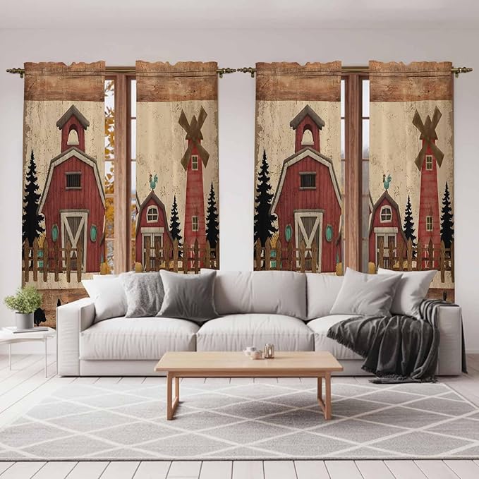 Brown Farmhouse Kitchen Curtains, Vintage Country Animals Wooden Grain Light Filtering Window Curtain Panels, 2Pcs Rod Pocket Window Treatments Set for Living Room Bathroom Bedroom 52x72 Inches