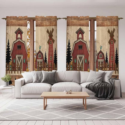 Brown Farmhouse Kitchen Curtains, Vintage Country Animals Wooden Grain Light Filtering Window Curtain Panels, 2Pcs Rod Pocket Window Treatments Set for Living Room Bathroom Bedroom 52x72 Inches
