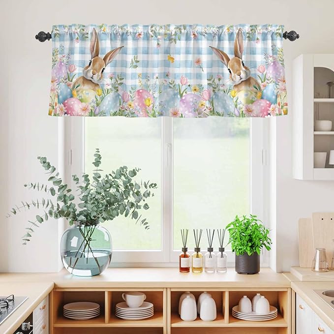 Kitchen Curtains Tiers and Valance Set of 3, Easter Light Filtering Window Curtain Set, Spring Rabbit Eggs Seasonal Flowers Blue Lattice Rod Pocket Curtain Drapes for Living Room, 36 Inches Tiers