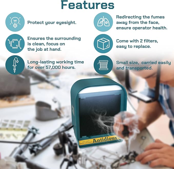 Antidious Fume Extractor Solder Smoke Absorber Portable Filter with LED Light for Soldering DIY Fan Extraction Equipment with Spare Activated Carbon for Braze Welding Soldering,Fume Prevention Remover