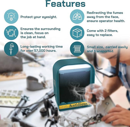 Antidious Fume Extractor Solder Smoke Absorber Portable Filter with LED Light for Soldering DIY Fan Extraction Equipment with Spare Activated Carbon for Braze Welding Soldering,Fume Prevention Remover