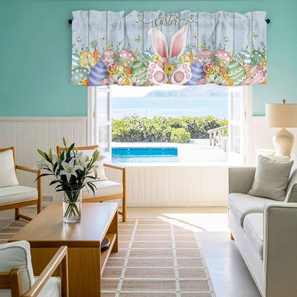 Easter Curtain Valances for Windows, Kitchen Valance Window Treatment, Spring Eggs Rabbit Ear Flowers Wooden Grain Light Filtering Block Curtains for Bathroom/Bedroom/Living Room 42'' x 12''
