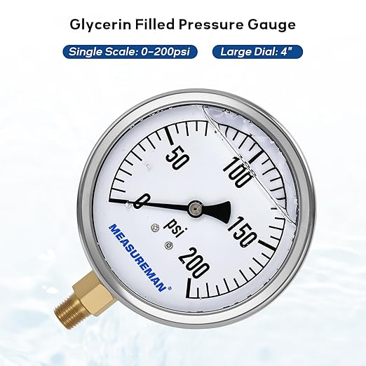 MEASUREMAN Glycerin Filled Plumbing Pressure Gauge 0-200psi Stainless Steel Case, 4" Dial 1/4" NPT Brass Lower Mount, Suitable for Pneumatic Tools, Water Filtration & Industrial Hydraulic Systems
