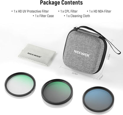 NEEWER 46mm UV/CPL/ND Lens Filter Kit with Hard Shell Storage Case, Multicoated Optical Glass & Aluminum Alloy Frame, UV + Circular Polarizer (CPL) + Neutral Density (ND4) Filter for Camera Lens