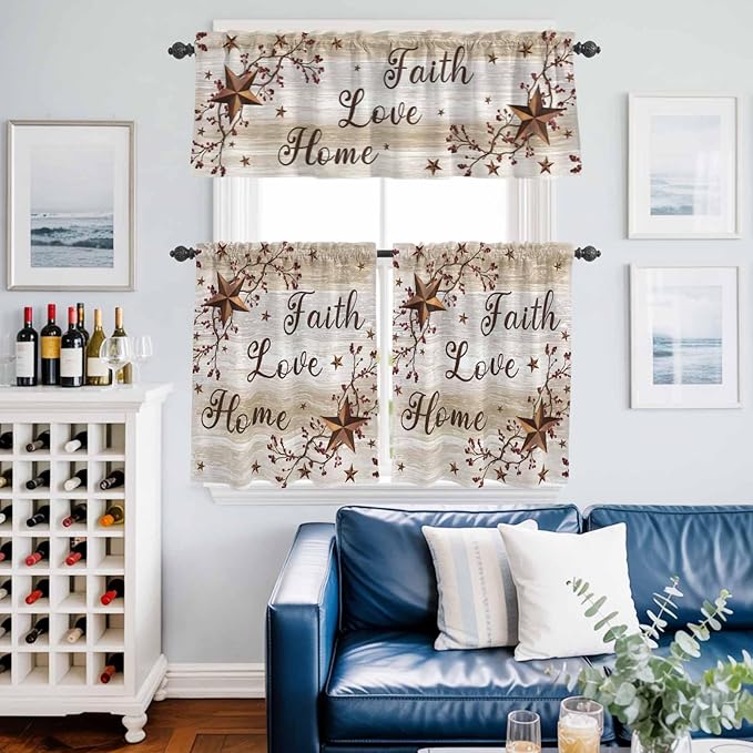 Kitchen Curtains Tiers and Valance Set of 3, Texas Star Brown Light Filtering Window Curtain Set, Farmhouse Retro Branches Wooden Grain Rod Pocket Curtain Drapes for Cafe, Living Room, 24 Inches Tiers