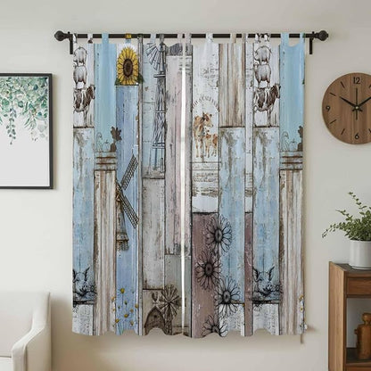 Blue Grey Wooden Living Room Curtains 84 Inch Length, Window Curtains Tab Top, Farmhouse Barn Sunflowers Retro Light Filtering Window Treatments Drapes 52"x84" 2 Panel