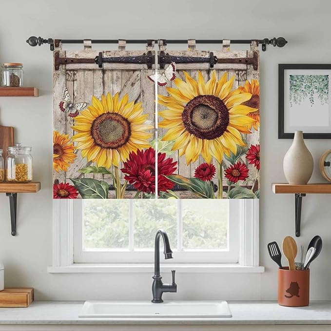 Sunflowers Bedroom Curtains 63 Inch Length, Window Curtains Tab Top, Retro Flower Barn Doors Butterfly Farmhouse Brown Light Filtering Window Treatments Drapes 42"x63" 2 Panel