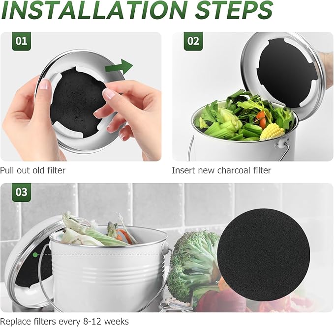 Charcoal Filters for Compost Bucket, 6 Pack Compost Bin Filter, 6.7 inch Compost Filters for Countertop Bin, Fits Most Kitchen Compost Bins, Long-Lasting Odor Elimination