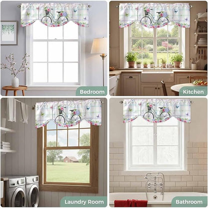 Spring Tie Up Valance Curtains for Windows, Kitchen Curtains Window Shades, Bicycles Botanical Leaves Rose Colorful Stripes Light Filtering Roman Curtain Valances for Bedroom/Bathroom/Cafe 42"x18"