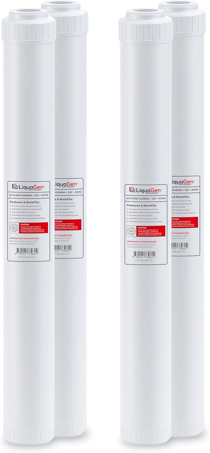 LiquaGen Activated Alumina + Carbon + KDF-55 Replacement Water Filter Cartridge – Helps Manage Fluoride, Chlorine & Taste, Refillable 2.5" x 10", 2.5" x 20", 4.5" x 10", 4.5" x 20" (4, 2.5" x 20")