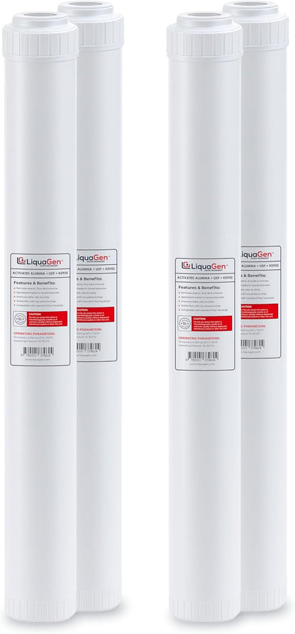 LiquaGen Activated Alumina + Carbon + KDF-55 Replacement Water Filter Cartridge – Helps Manage Fluoride, Chlorine & Taste, Refillable 2.5" x 10", 2.5" x 20", 4.5" x 10", 4.5" x 20" (4, 2.5" x 20")