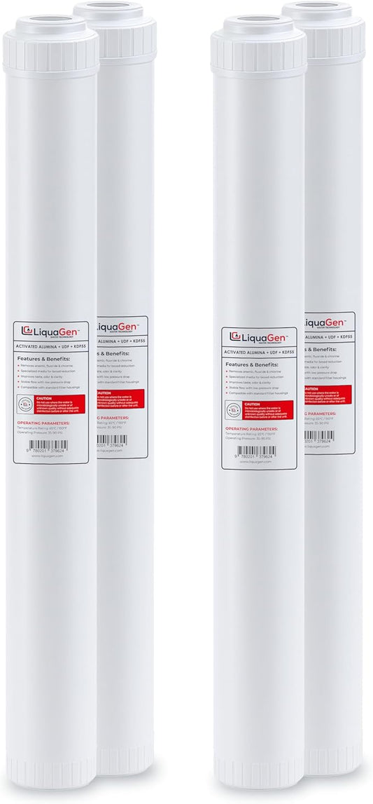 LiquaGen Activated Alumina + Carbon + KDF-55 Replacement Water Filter Cartridge – Helps Manage Fluoride, Chlorine & Taste, Refillable 2.5" x 10", 2.5" x 20", 4.5" x 10", 4.5" x 20" (4, 2.5" x 20")