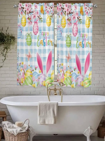 Happy Easter Bedroom Curtains 63 Inches length, Spring Watercolor Bunny Eggs Flower Blue Plaid Window Treatment Curtain Drapes, Rod Pocket Curtain Panels for Living Room Kitchen, 42"x63", 2 Panels