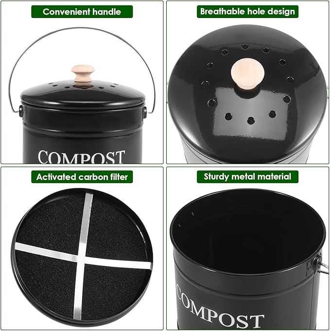 Kitchen Compost Bin 0.8 Gallon Metal Countertop Compost Bin with Lid and Handle, Smell Resistant Indoor Waste Bucket for Food Waste(Black,1)