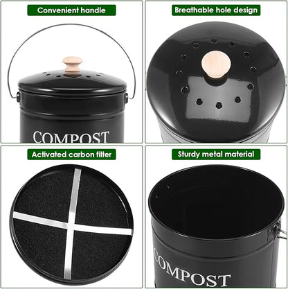 Kitchen Compost Bin 0.8 Gallon Metal Countertop Compost Bin with Lid and Handle, Smell Resistant Indoor Waste Bucket for Food Waste(Black,1)