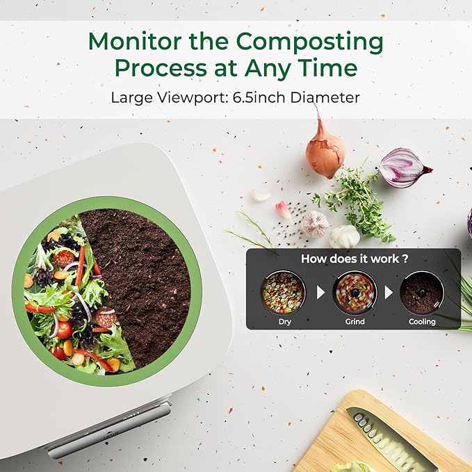 Electric Composter for Kitchen, Smart Compost Bin with Viewing Window Indoor Outdoor/Odorless/Low Noise/Auto-Cleaning, Compost Machine, Turn Food Waste into Fertilizer for Garden, Gift