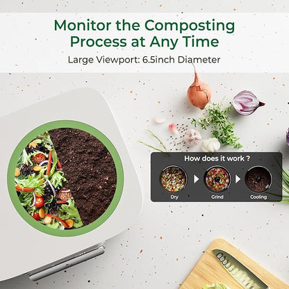 Electric Composter for Kitchen, Smart Compost Bin with Viewing Window Indoor Outdoor/Odorless/Low Noise/Auto-Cleaning, Compost Machine, Turn Food Waste into Fertilizer for Garden, Gift