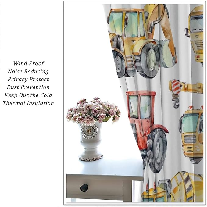 Kids Excavator Curtains, Retro Truck Tractor Machinery Construction Vehicle Crane Digger Mixer Rod Pocket Decorative Windows Curtain for Teens Girls Boys Room 72x63in (30% Blackout)