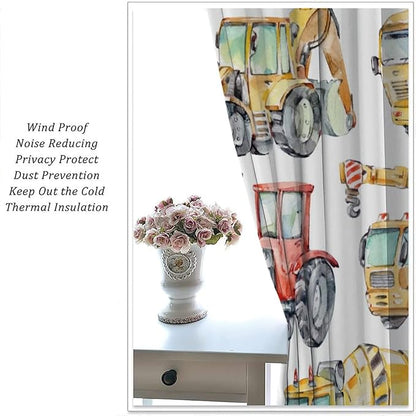Kids Excavator Curtains, Retro Truck Tractor Machinery Construction Vehicle Crane Digger Mixer Rod Pocket Decorative Windows Curtain for Teens Girls Boys Room 72x63in (30% Blackout)