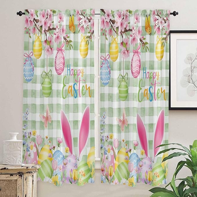 Happy Easter Living Room Curtains 72 Inches length, Spring Bunny Eggs Flower Sage Green Plaid Window Treatment Curtain Drapes, Light Filtering Drapes for Bedroom Laundry Room, 52"x72", 2 Panels
