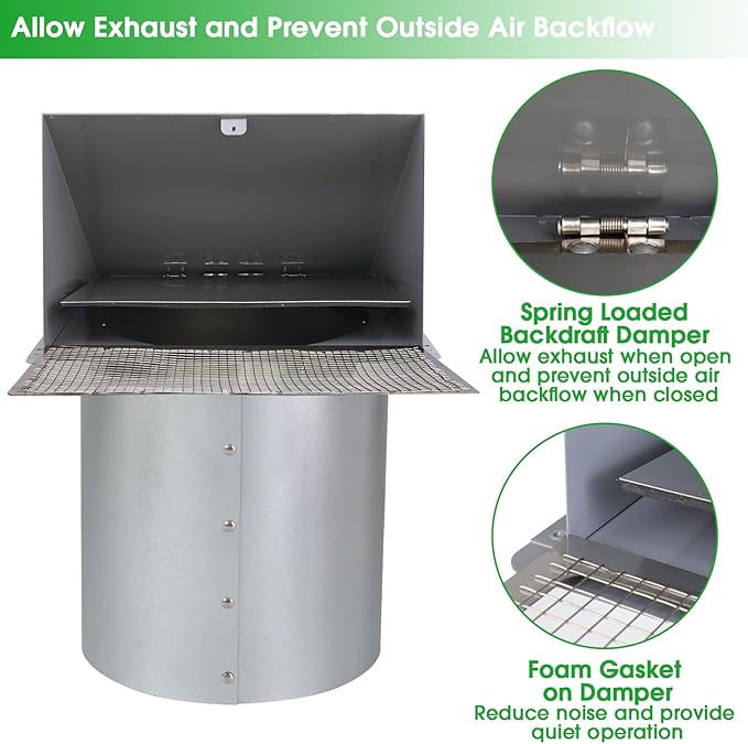 6 Inch Hooded Wall Vent with Screen and Damper,6 Inch Exhaust Vent Cover Cap for Outdoor Kitchen Range Hood Dryer Ventilation,Outside Wall Mount Extractor for House Air Exhaust, Galvanized Steel,Gray