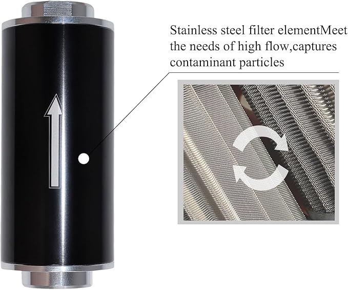 Inline Fuel Filter 100 Micron with 6AN 8AN 10AN Fuel Filter Adapter Universal 50MM, 1 set Inline fuel filter Black