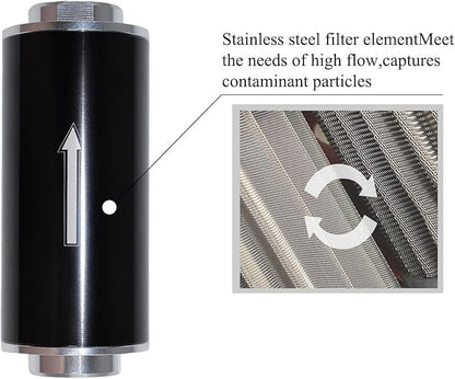 Inline Fuel Filter 100 Micron with 6AN 8AN 10AN Fuel Filter Adapter Universal 50MM, 1 set Inline fuel filter Black