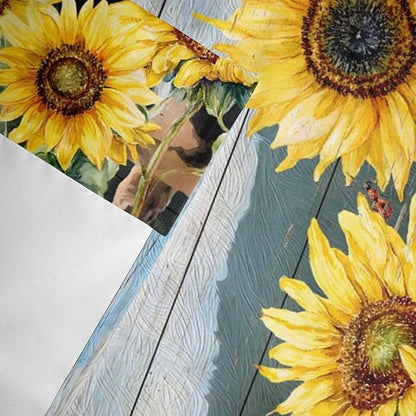 Cow Sunflowers Curtain Valances for Windows, Kitchen Valance Window Treatment, Farmhouse Animal Blue Sky Wooden Grain Light Filtering Block Curtains for Bathroom/Bedroom/Living Room 42'' x 12''