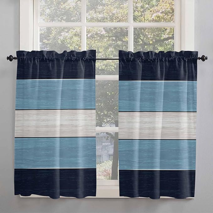 Vintage Country Woodcuts Window Valance Curtains, Blue Gradient Striped Light Filtering Kitchen Valance with 3-inch Rod Pocket for Living Room Bathroom Bedroom,2 Panel,52x45In