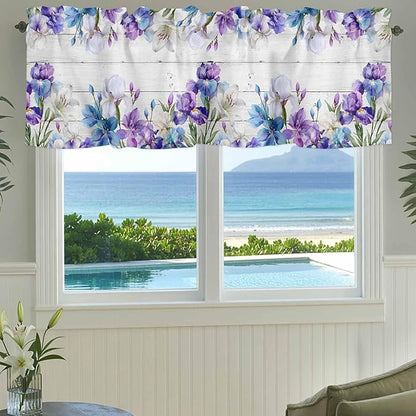 Spring Flowers Curtain Valances for Windows, Kitchen Valance Window Treatment, Watercolor Garden Florals Wooden Grain Light Filtering Block Curtains for Bathroom/Bedroom/Living Room 42'' x 18''