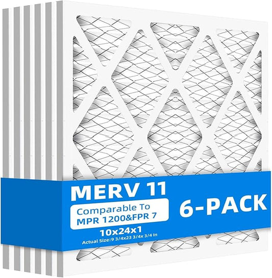 (6 Pack) 10x24x1 Air Filter, MPR 1200 & FPR 7, MERV 11 Pleated Air Filter (Actual Size: 9.75"x23.75"x0.75")