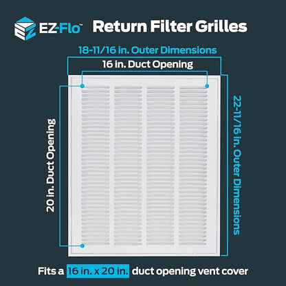 EZ-FLO 16 x 20 Inch (Duct Opening) Return Air Vent Cover for Wall or Ceiling, Solid Steel Return Air Filter Grille, HVAC Vent Cover, White, 61631