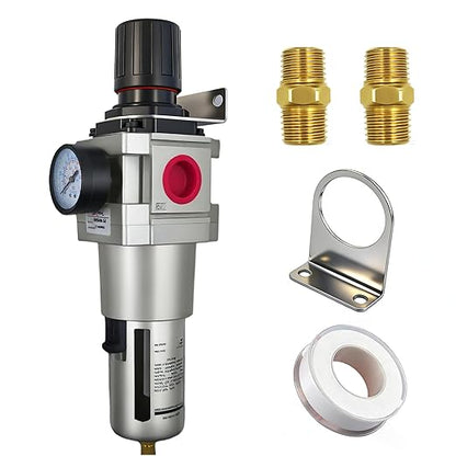 HengMinLingTong 1" NPT Compressed Air Filter Regulator Combo Piggyback, 5 Micron Brass Element, Poly Bowl, Semi-Auto Drain, Metal Bracket, 0-150 psi AW5000-10