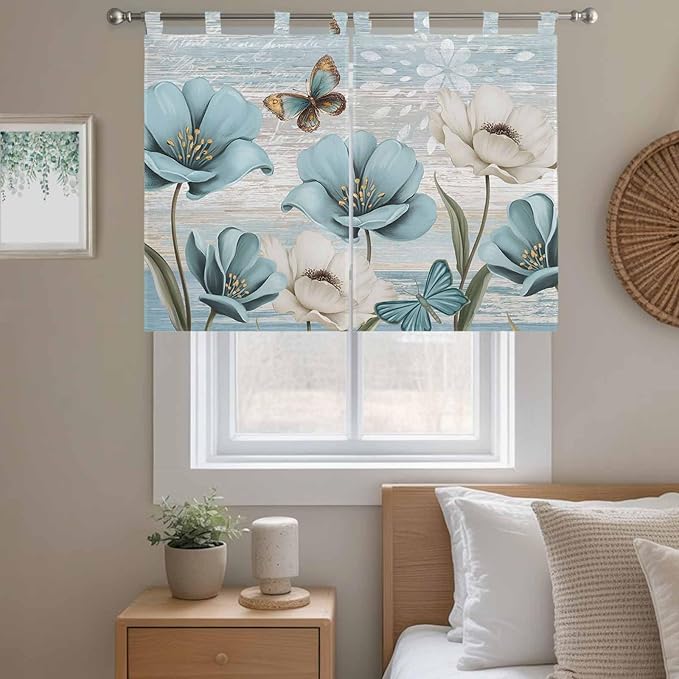 Spring Floral Kitchen Curtains 45 Inch Length, Short Cafe Window Curtains Tab Top, Vintage Tulips Flower Butterfly Retro Wood Blue Light Filtering Window Treatments Tier Drapes 27.5"x45" 2 Panel