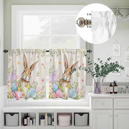 Kitchen Curtains Tiers and Valance Set of 3, Easter Light Filtering Window Curtain Set, Vintage Spring Bunny Eggs Farmhouse Floral Leaves Rod Pocket Curtain Drapes for Living Room, 24 Inches Tiers